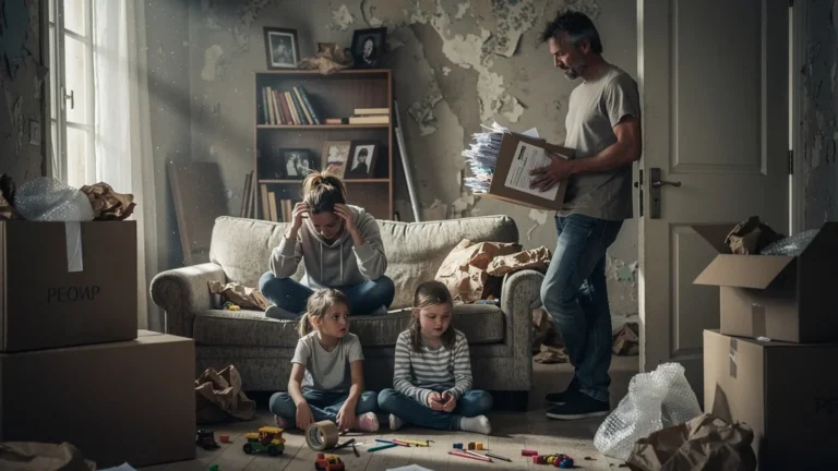 Famille stressée par l'aide au déménagement de la CAF, entourée de cartons et de paperasse