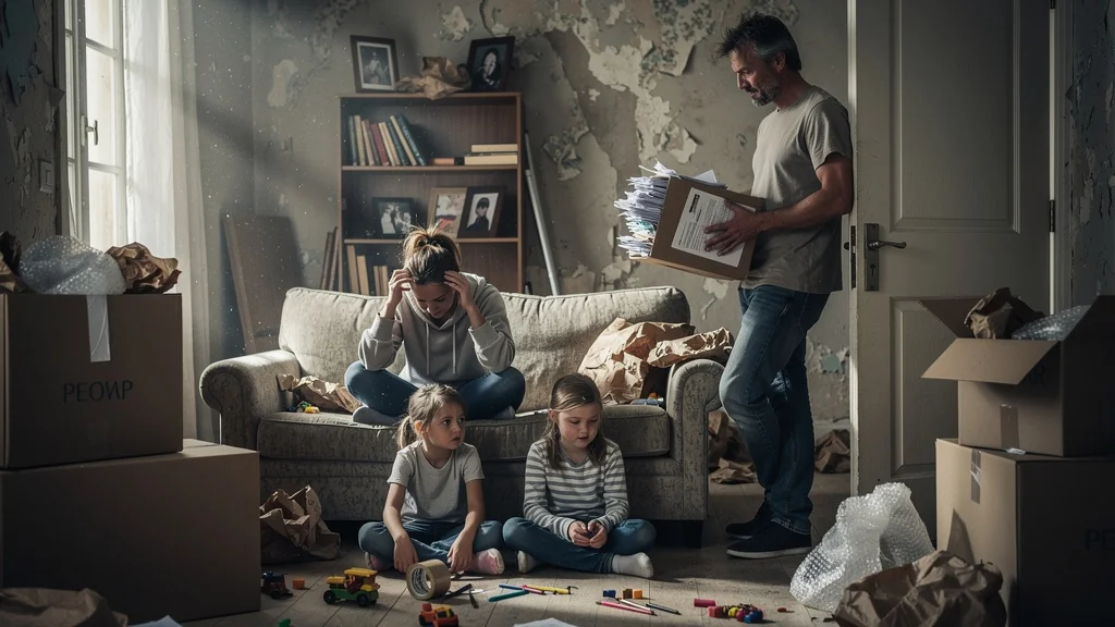 Famille stressée par l'aide au déménagement de la CAF, entourée de cartons et de paperasse