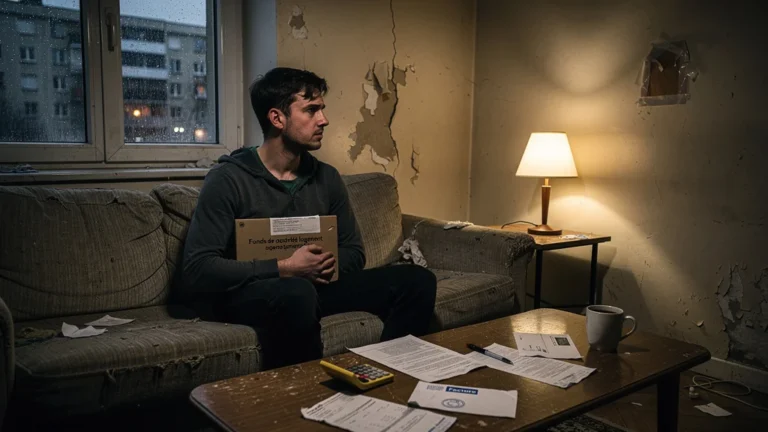 Jeune adulte anxieux avec dossier FSL dans un appartement modeste face aux impayés de loyer