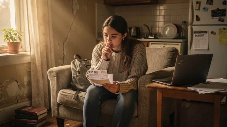 Étudiante réfléchissant aux aides au logement face aux loyers étudiants en forte hausse