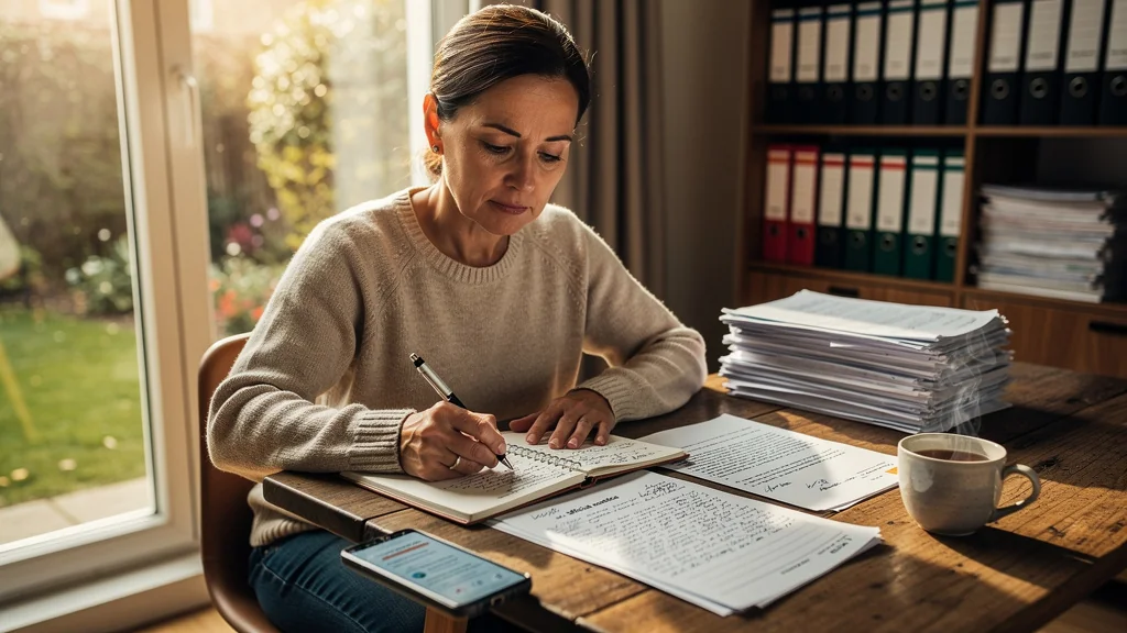 Femme concentrée gardant une trace écrite de chaque échange administratif pour conseil et expérience avec la CAF