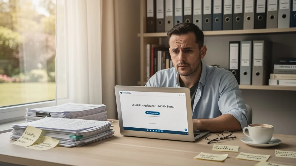 Aidant familial devant ordinateur dans bureau lumineux préparant dossier MDPH, ambiance calme et réaliste