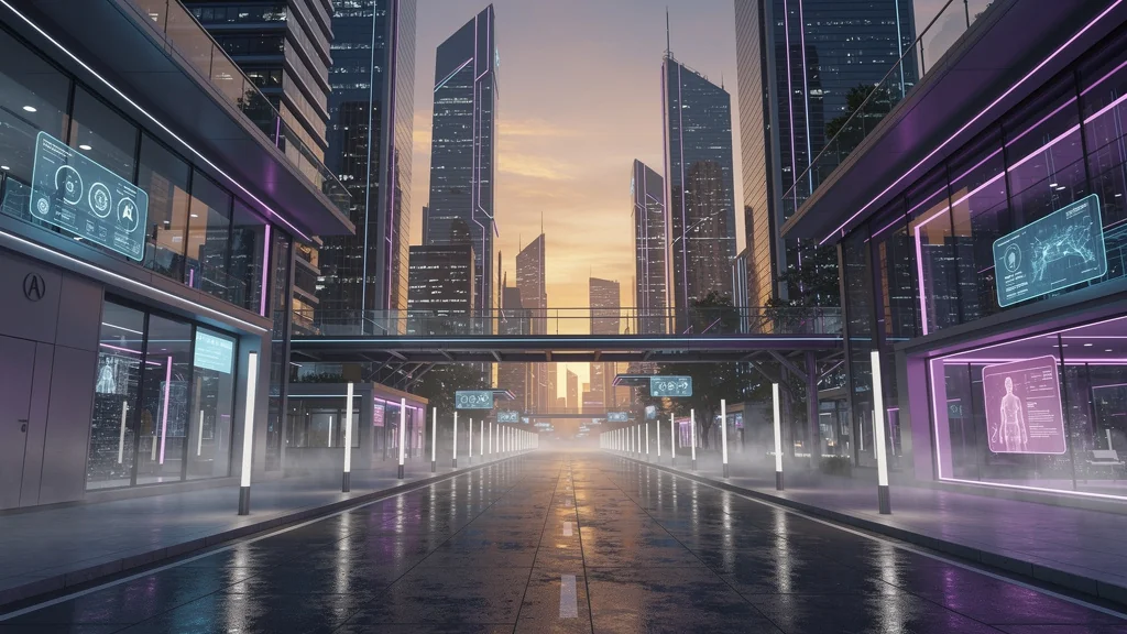 Paysage urbain futuriste et hyperréaliste représentant Aladium au crépuscule avec éclairage néon vibrant