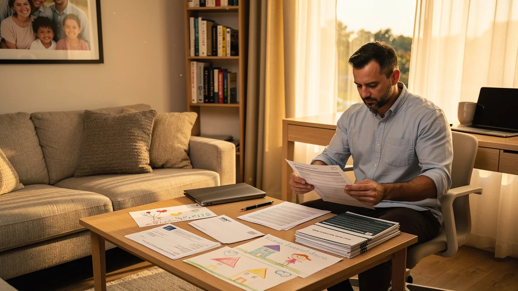 Intérieur lumineux d’un salon familial illustrant l’allocation logement familiale avec un homme de 37 ans concentré