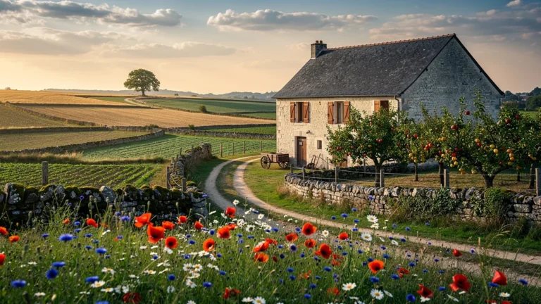 Paysage rural français au coucher du soleil illustrant le concept d’allodons, propriété foncière libre et indépendante