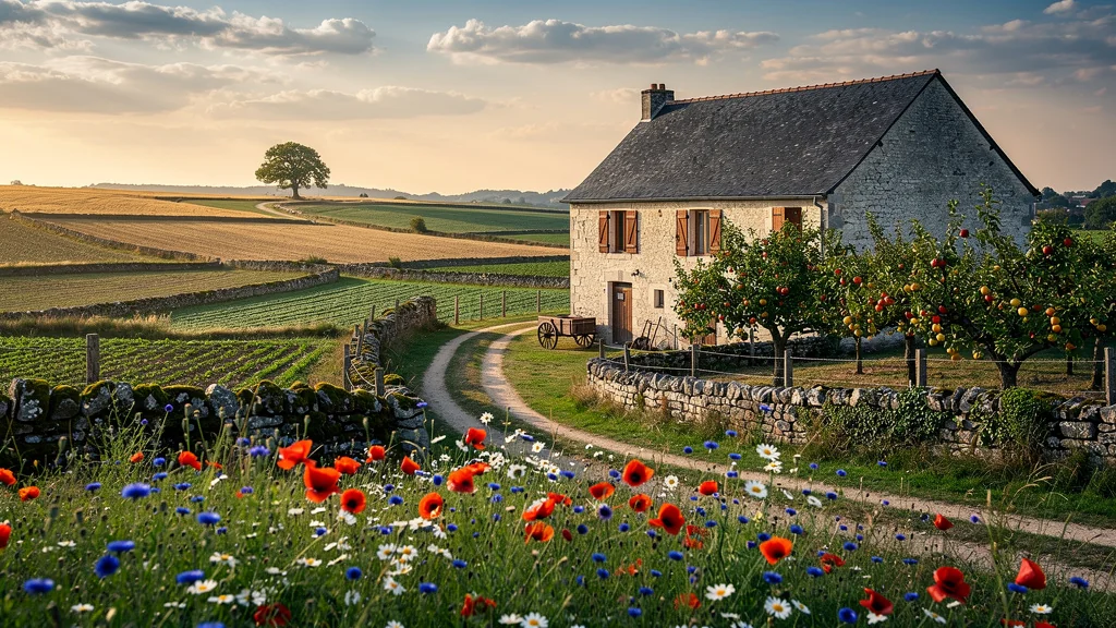 Paysage rural français au coucher du soleil illustrant le concept d’allodons, propriété foncière libre et indépendante