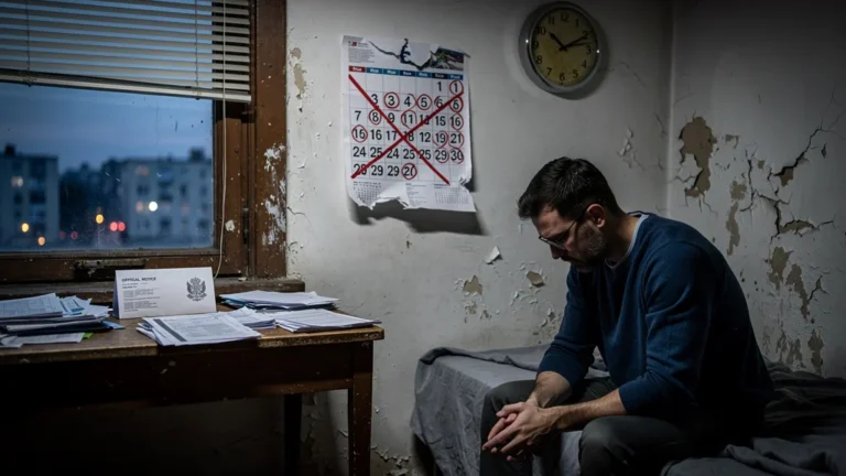 Homme déçu dans un appartement sombre avec un calendrier marquant 35 jours de retard RSA