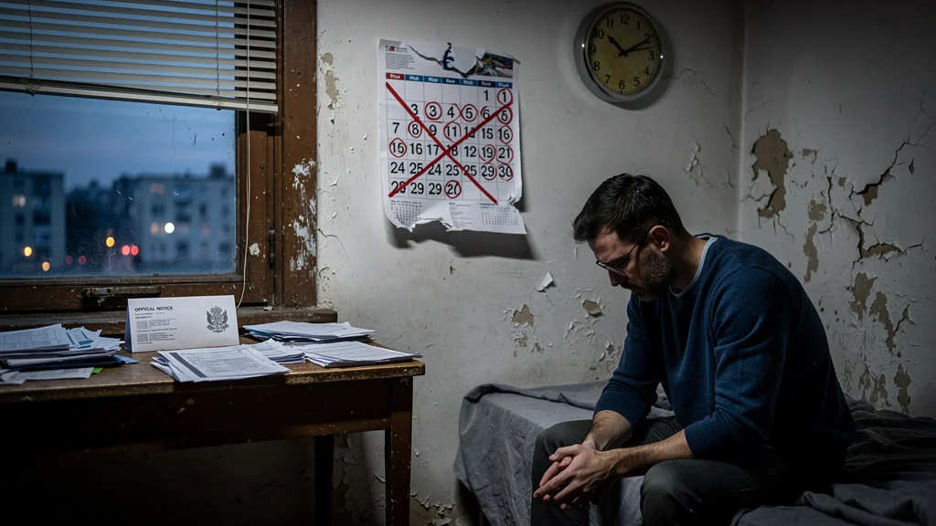Homme déçu dans un appartement sombre avec un calendrier marquant 35 jours de retard RSA