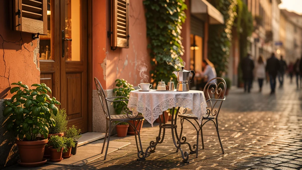 Façade détaillée d'un caffè italien moderne en extérieur sous une lumière dorée chaleureuse