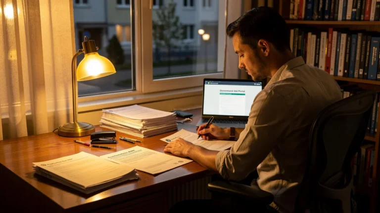 Bureau chaleureux illustrant la condition AAH avec un homme de 37 ans concentré sur des démarches administratives