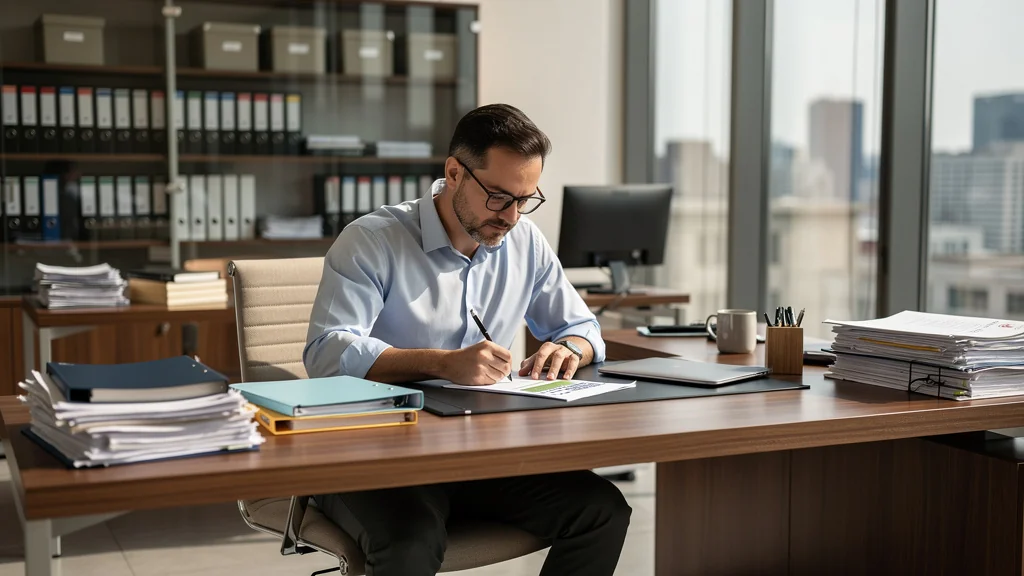 Portrait hyperréaliste d'un rédacteur masculin de 37 ans dans un bureau administratif moderne lumineux