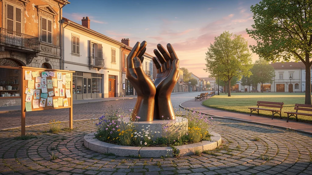 Dignité international illustrée par une place urbaine au lever du jour avec une statue symbolique et lumière dorée