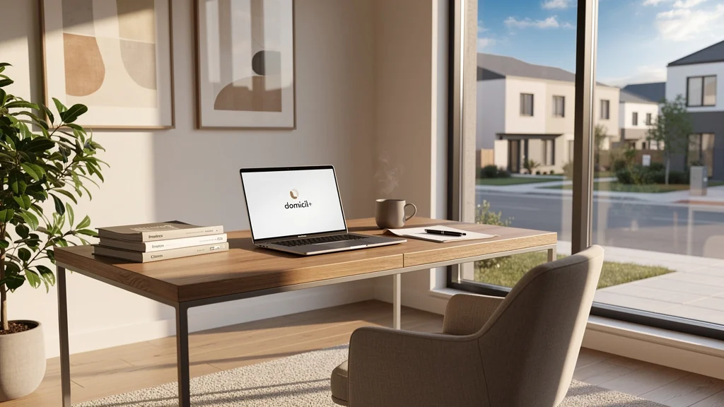 Espace bureau moderne lumineux représentant domicil+ avec ambiance calme et professionnelle