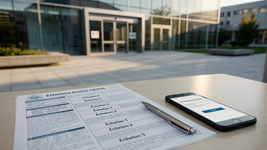 Bâtiment universitaire moderne symbolisant les échelons bourse CROUS avec documents officiels en lumière naturelle