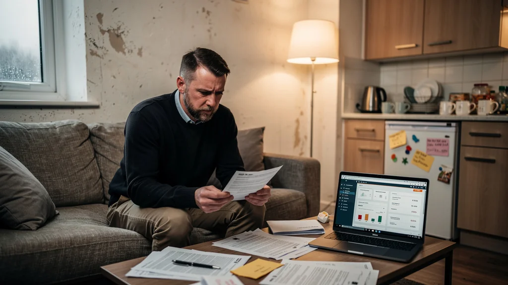 Appart étudiant modeste avec homme de 37 ans examinant documents d'aide au logement APL réduite