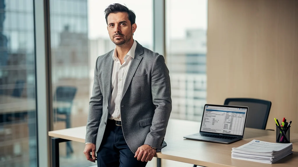 Portrait hyperréaliste de Harry Hope, rédacteur expert en aides et démarches administratives, en bureau moderne lumineux