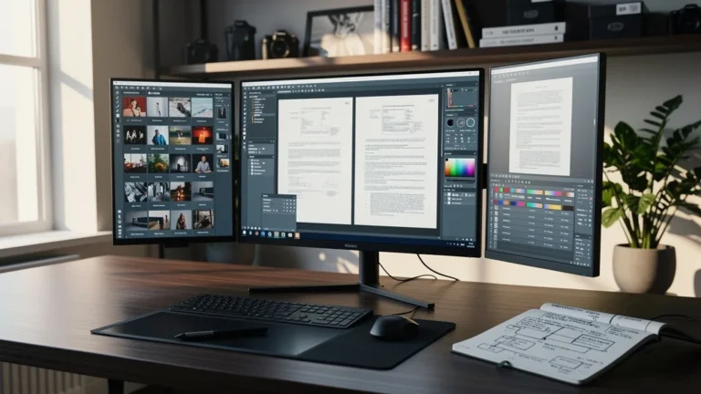 Espace de travail moderne et lumineux illustrant la gestion d'images numériques organisée et professionnelle