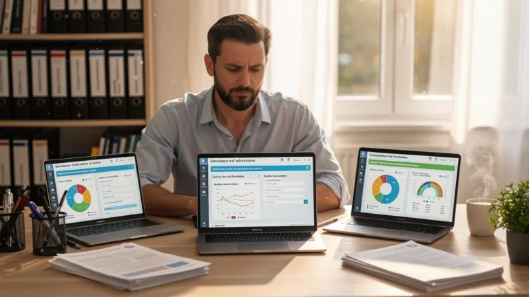 Homme analysant trois simulateurs d'allocation de rentrée scolaire sur ordinateur dans un bureau moderne