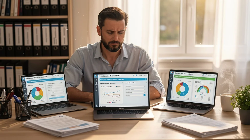Homme analysant trois simulateurs d'allocation de rentrée scolaire sur ordinateur dans un bureau moderne