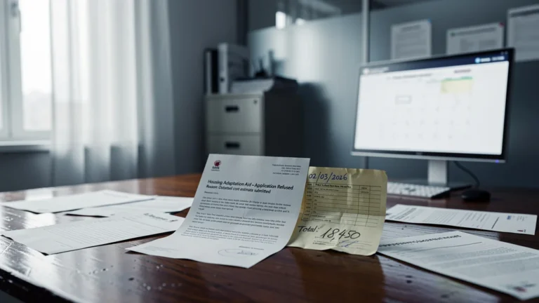 Refus PCH aménagement logement illustré par un bureau administratif avec devis ancien et lettre de refus