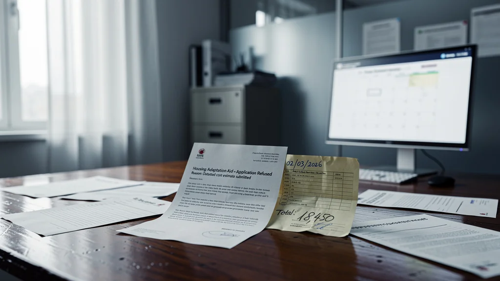 Refus PCH aménagement logement illustré par un bureau administratif avec devis ancien et lettre de refus