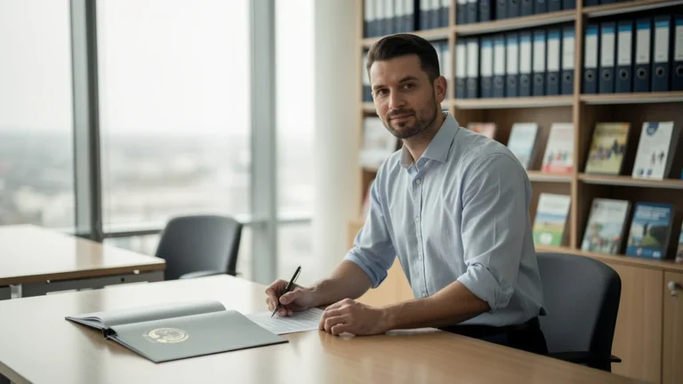 Bureau administratif moderne avec homme de 37 ans expliquant MDPH en ambiance professionnelle claire
