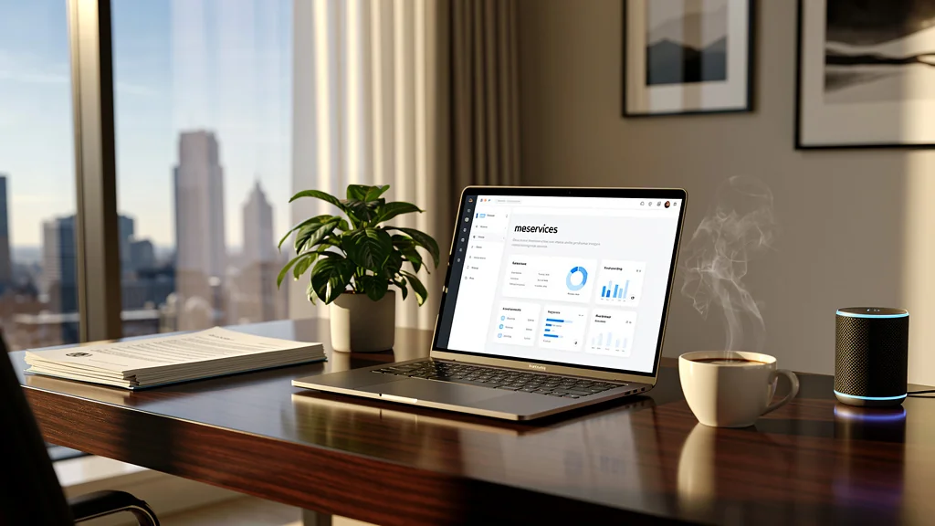 Bureau moderne avec ordinateur affichant meservices, lumière naturelle, ambiance professionnelle et organisée