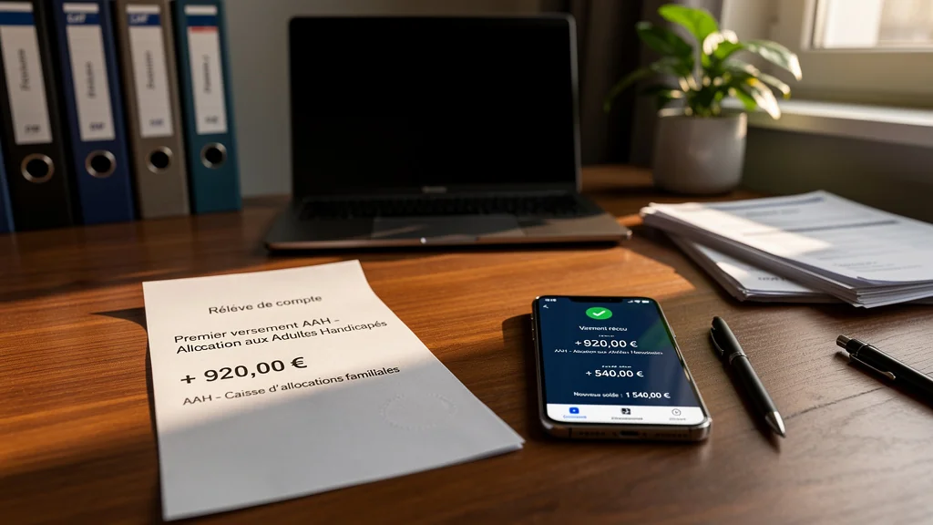 Premier versement AAH affiché sur relevé bancaire dans un intérieur calme et lumineux, symbolisant l'aide handicap