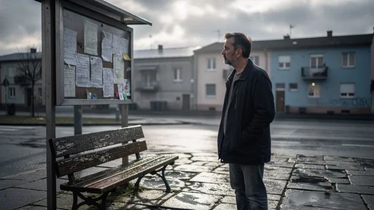 Photo réaliste d'un homme près d'un panneau d'annonces sur le RSA et le chômage en milieu urbain