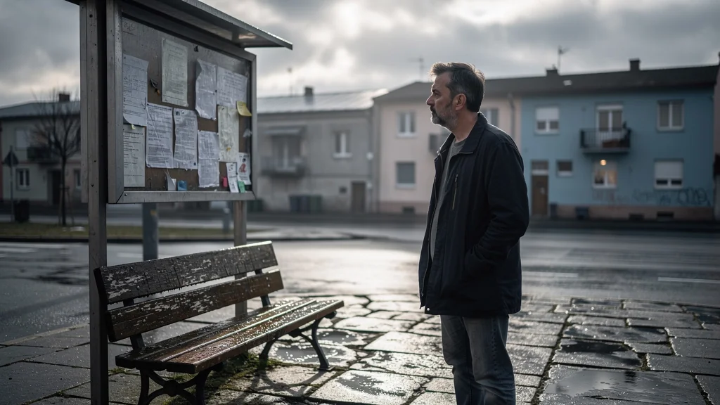 Photo réaliste d'un homme près d'un panneau d'annonces sur le RSA et le chômage en milieu urbain